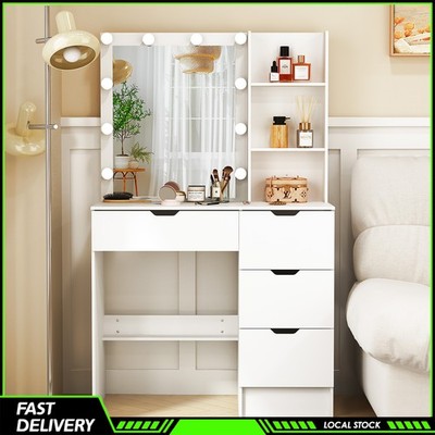 Vanity Desk with 10 LED lights Mirror & 4 Drawers Dressing Table 3 Colors Lights