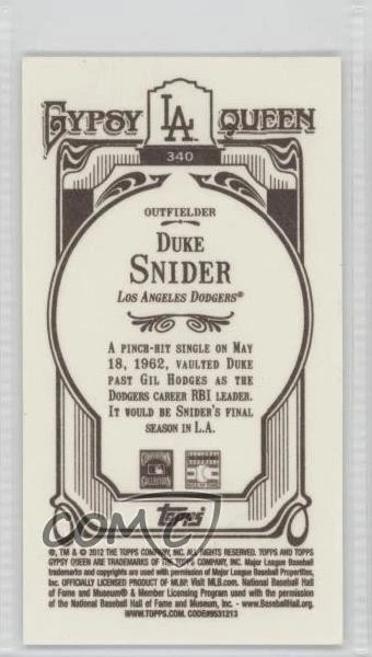 2012 Topps Gypsy Queen Mini Duke Snider #340 HOF - Image 2 of 2