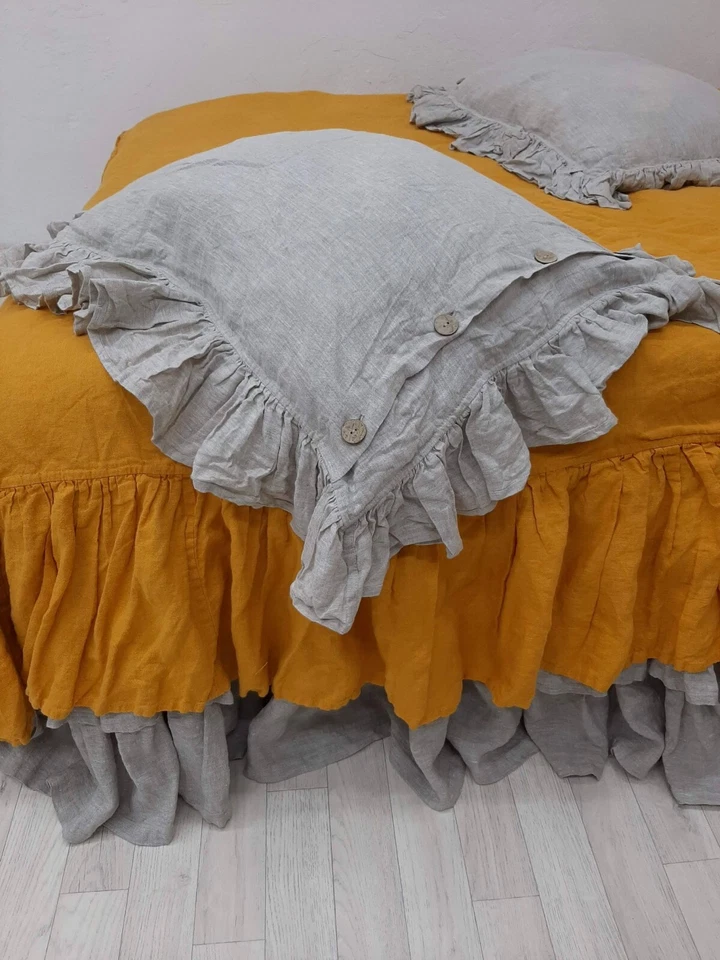 Funda de Almohada con Volantes Lino Almohada Falsa con Volantes Alrededor Botones Cierre Regalo Foto 4 de 4