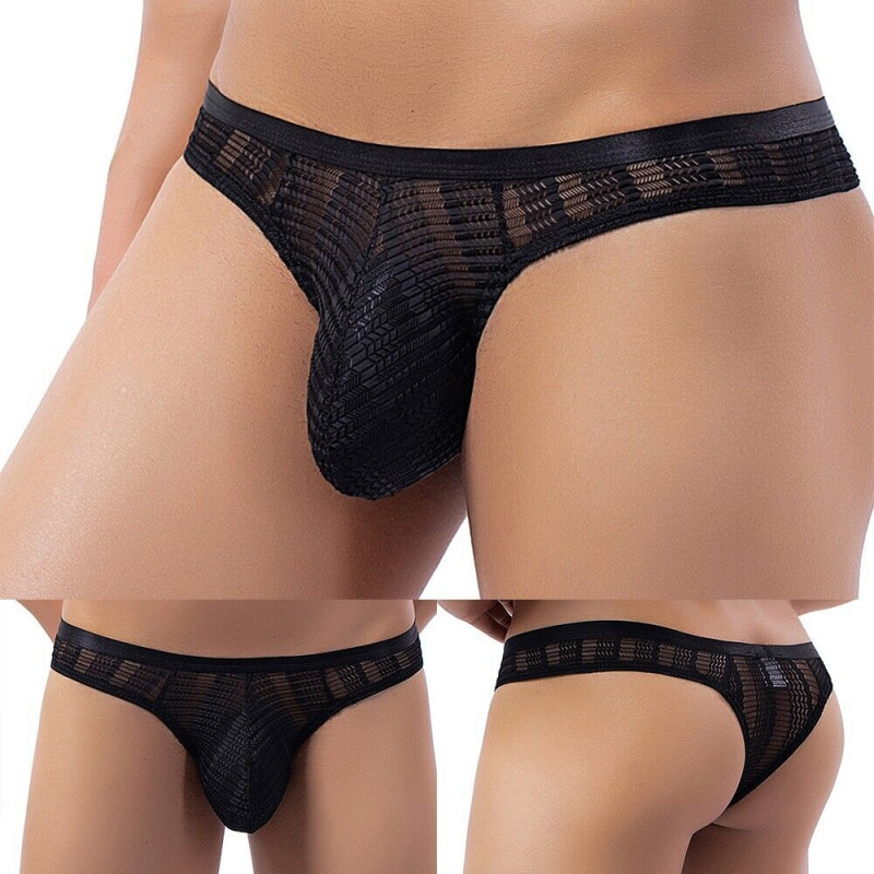 Men Bikini Briefs G-string Transparent Lace Panties Micro Thong Gay Underwear