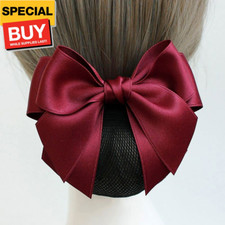 Wine Red Women Hair Snood Net Bowknot Decor Barrette Elastic Mesh Hair Bun Cover
