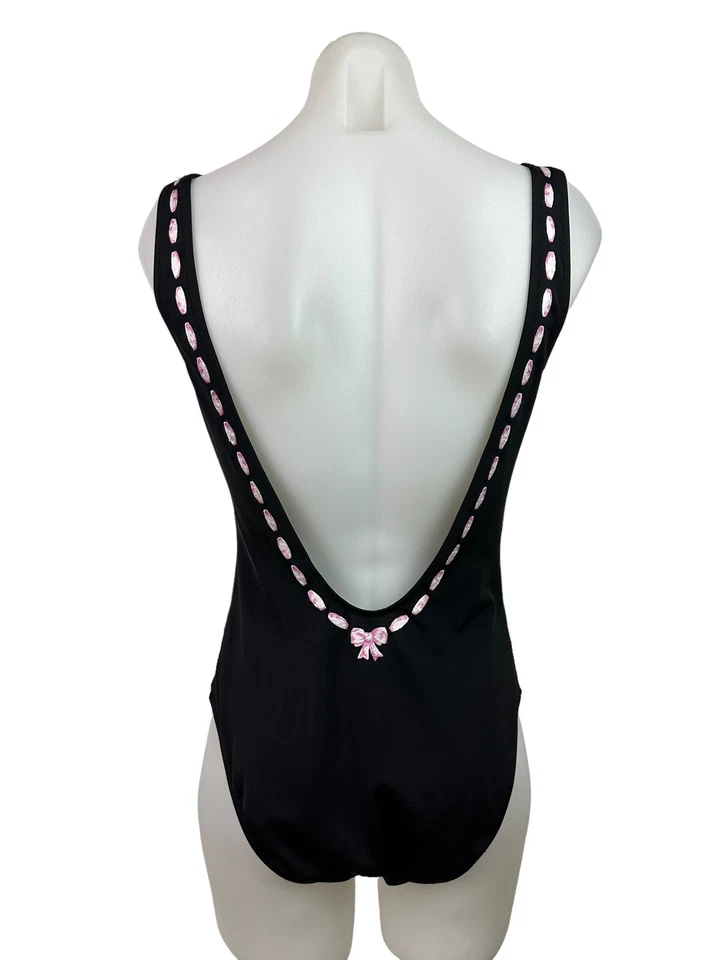 Vintage MOSCHINO 1990s Black Swimsuit Embroidered Bow Ribbon USA Size XL - Image 4 of 4