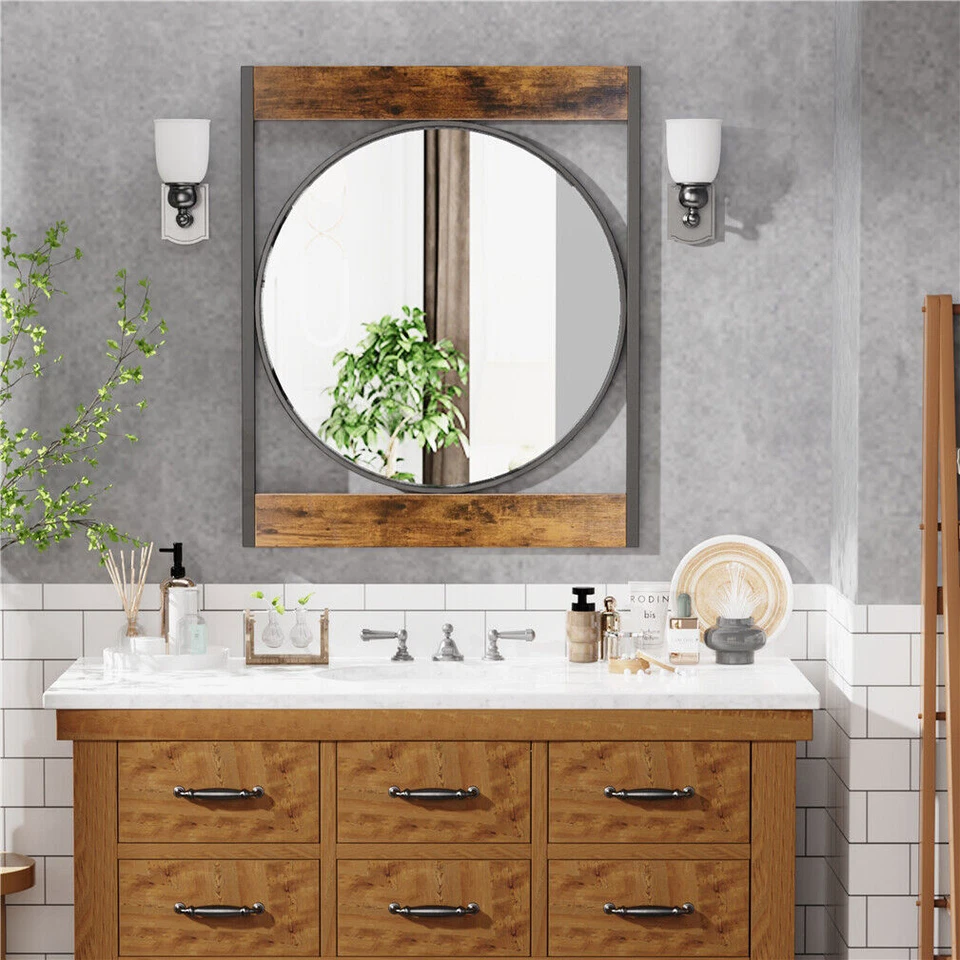 Round Wall Mirror w/ Rectangular Frame for Bathroom Living Room Entryway Bedroom - Image 4 of 4