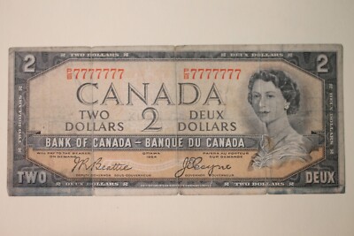 1954 Bank of Canada $2 Note, Ser# PB 7777777 Solid 7's LUCKY RARE