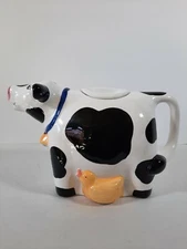 Coco Dowley▪️🐄🐤 Black & White Cow & Chick Teapot w Lid ▪️pre-owned ▪️Taiwan