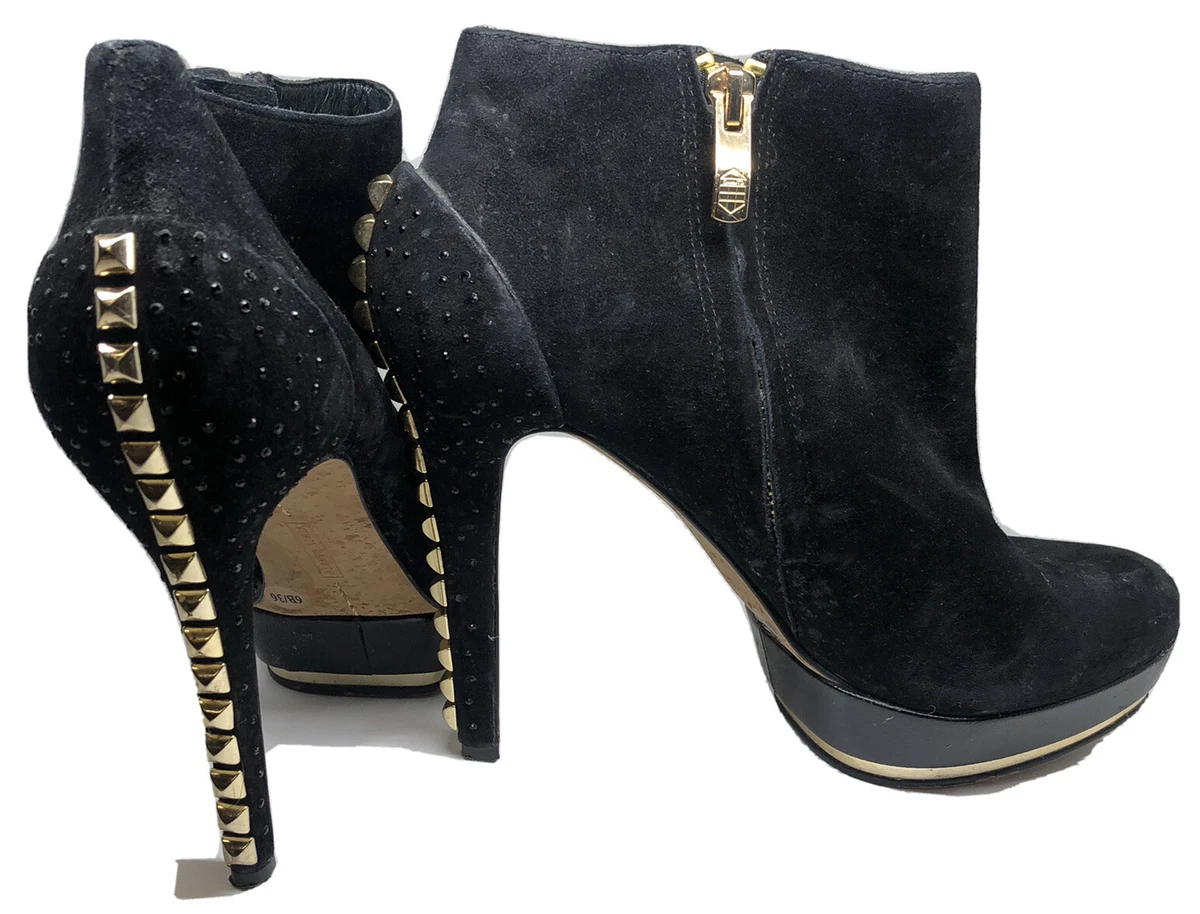 Vince Camuto Womens 6M Suede Black Leather Booties Stiletto Heel Gold Studded