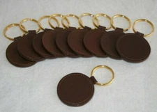 Genuine Leather Brown Round Keychain Gold Ring Promotional Gift * (Lot of 10) *