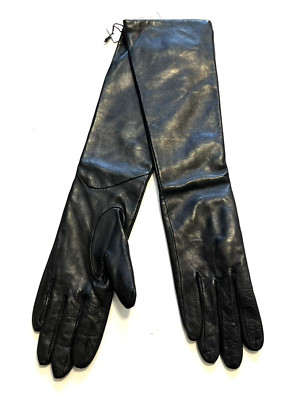 LORD & TAYLOR Black Leather Lined Long Opera Gloves  7