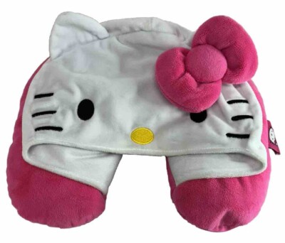 HTF! Hello Kitty Sanrio Neck Pillow Car Travel w/ Hood Hooded Hot Pink Bow 