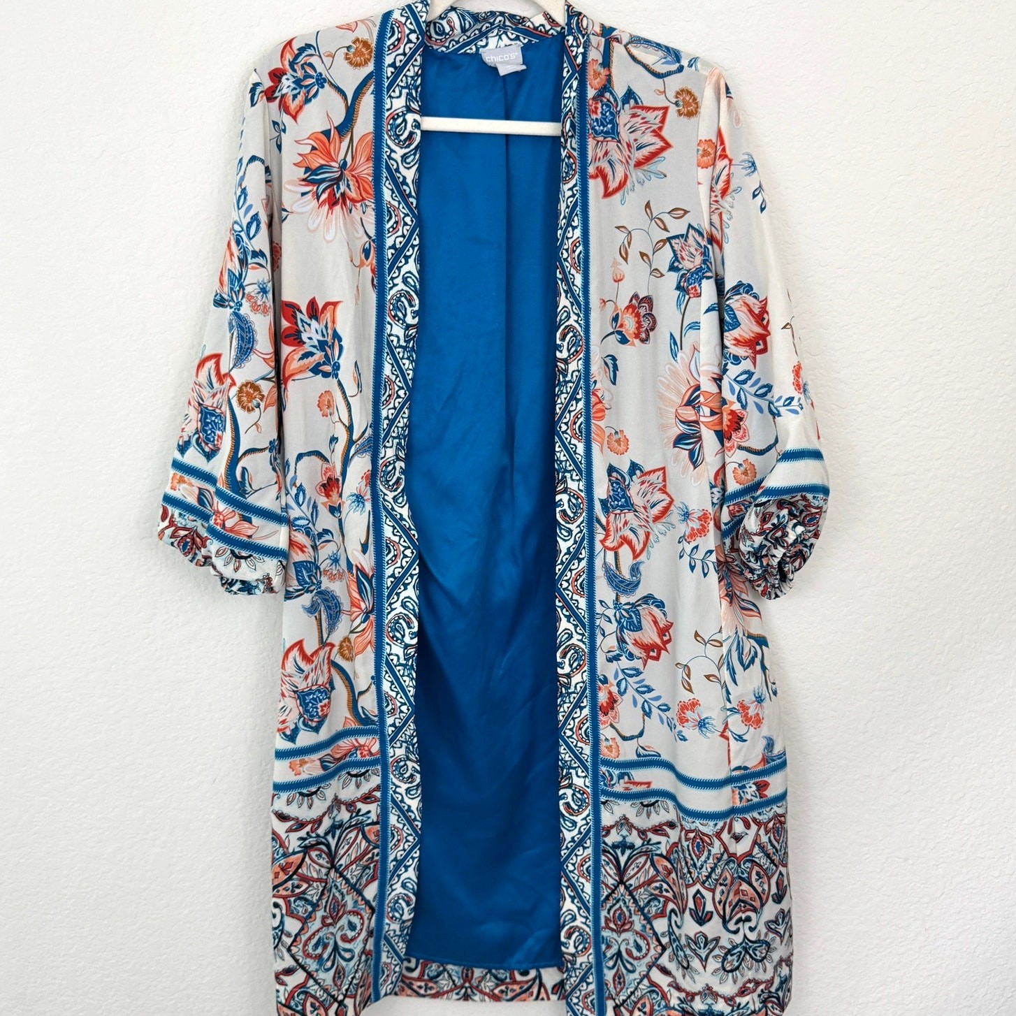 Chicos Womens Floral Patched Kimono Duster Jacket Size US 4 ASO DOOL Rising Bloom