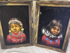 Pair Vintage Black Velvet Painting Of Native Inuit Children Sisters First Nation