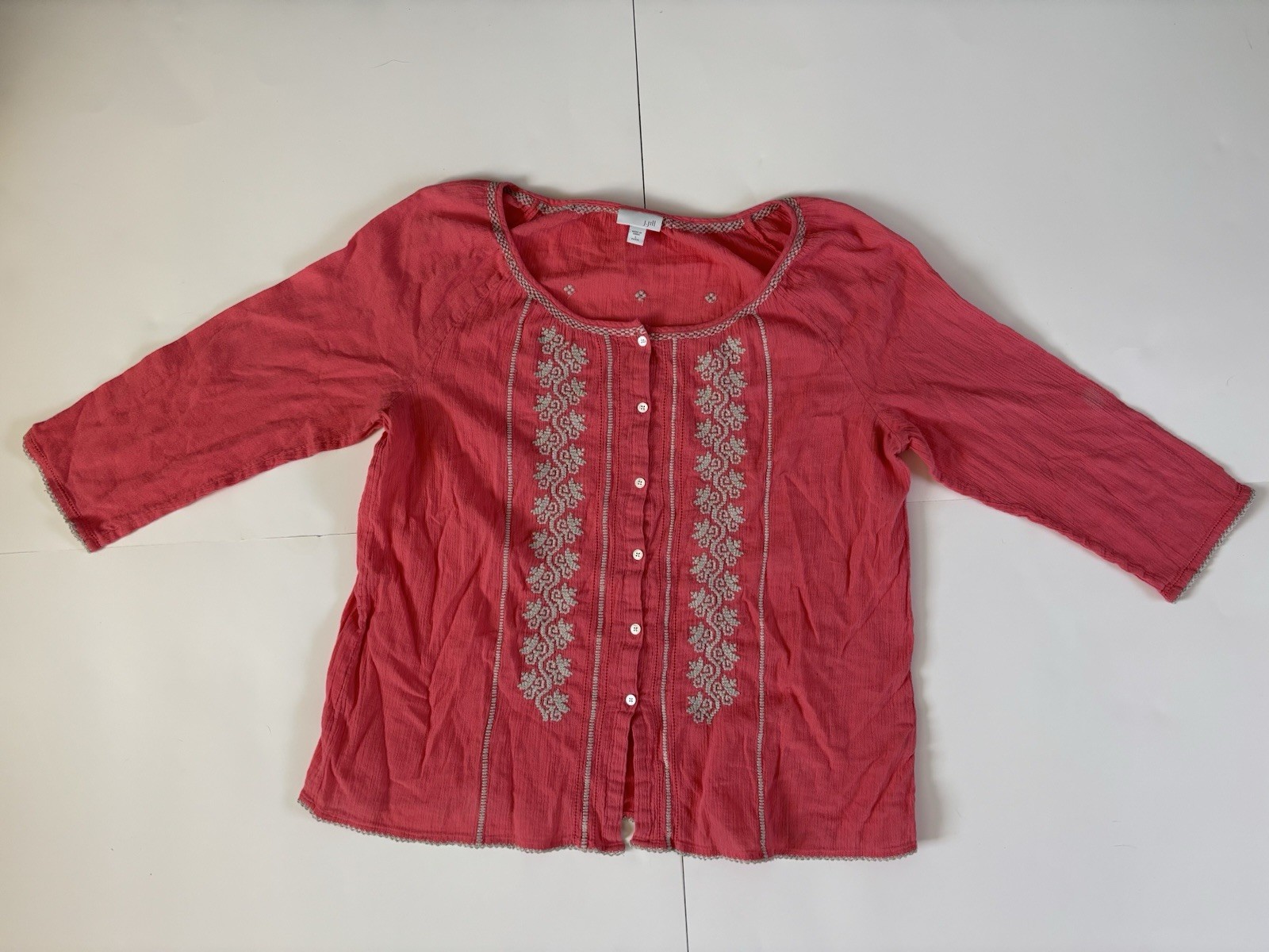J Jill Women’s Petite Large Blouse Pink Floral Embroidered Button Up Shirt Boho