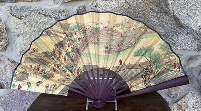 Large Vintage Asian Wall Fan ''Riverside Scene at Qingming Festival'' - 24''