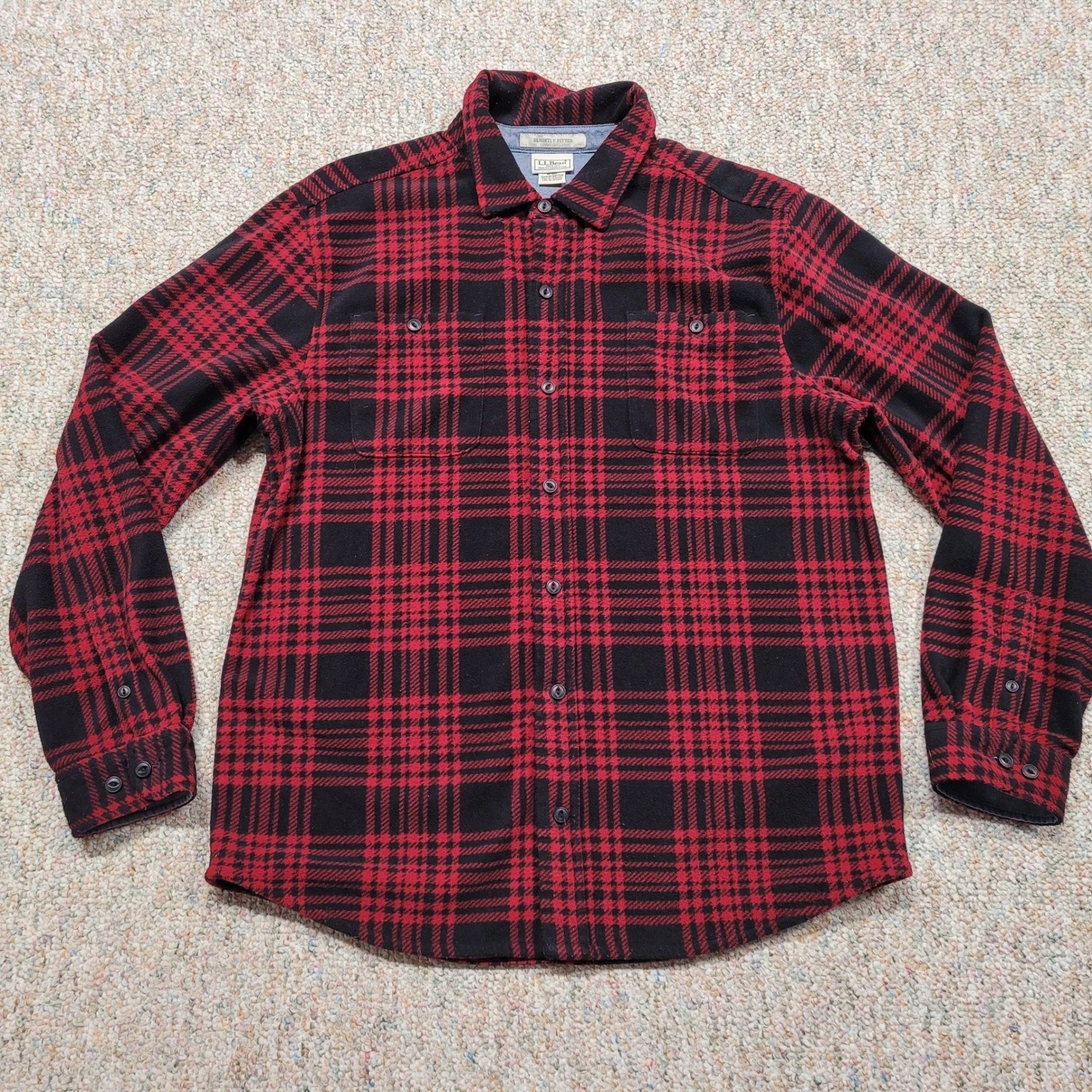 L.L. Bean Shirt Mens Medium Red Black Plaid Fleece Slightly Fitted Button Up