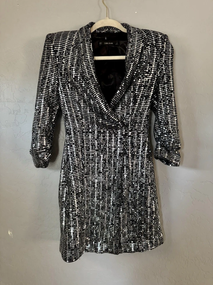 Zara Metallic Silver Mirror Sequin Embellished Wrap Blazer Mini Dress Sz XS - Image 3 of 4