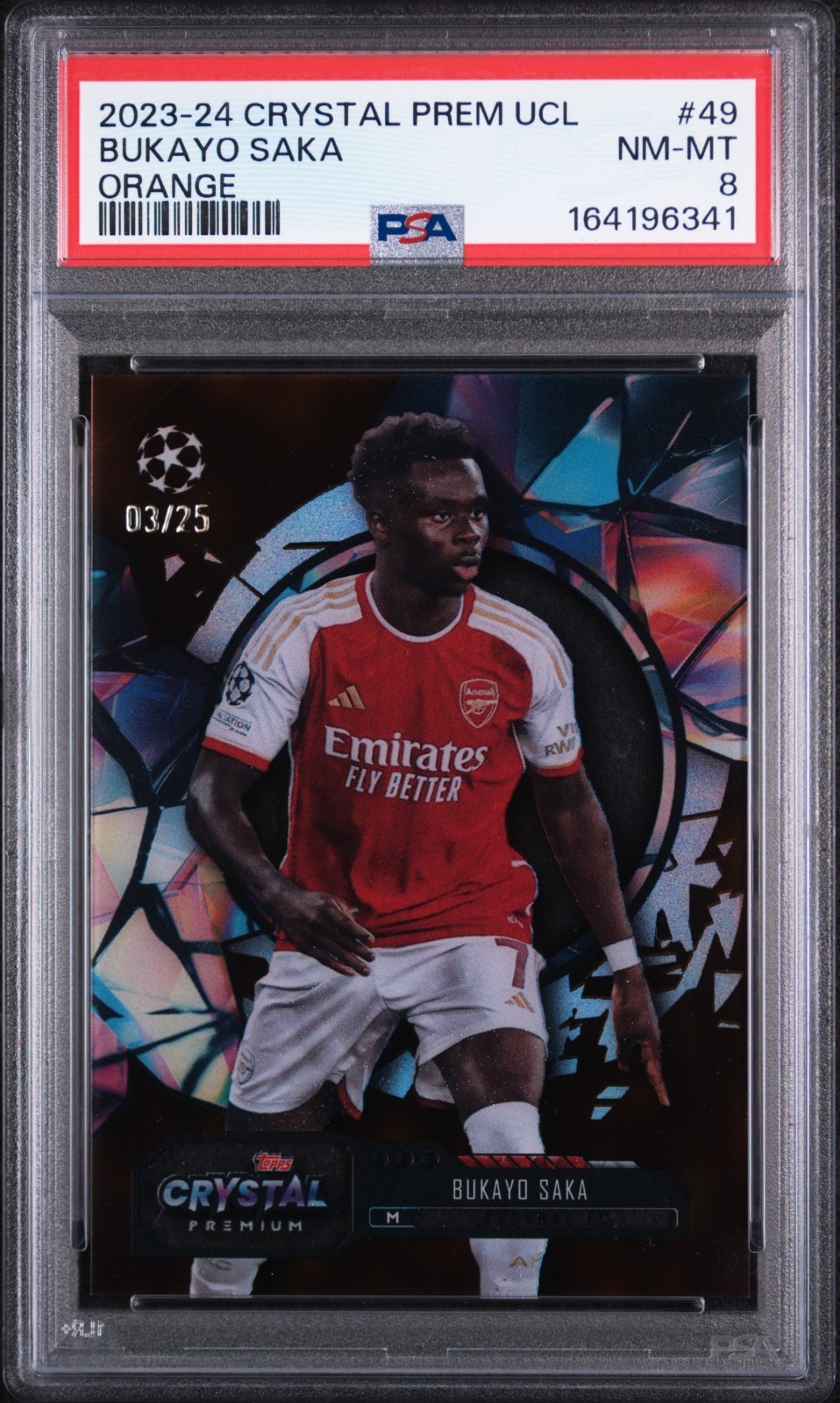 2024 BUKAYO SAKA orange refractor /25 TOPPS CRYSTAL PREMIUM UEFA UCC SSP PSA 8