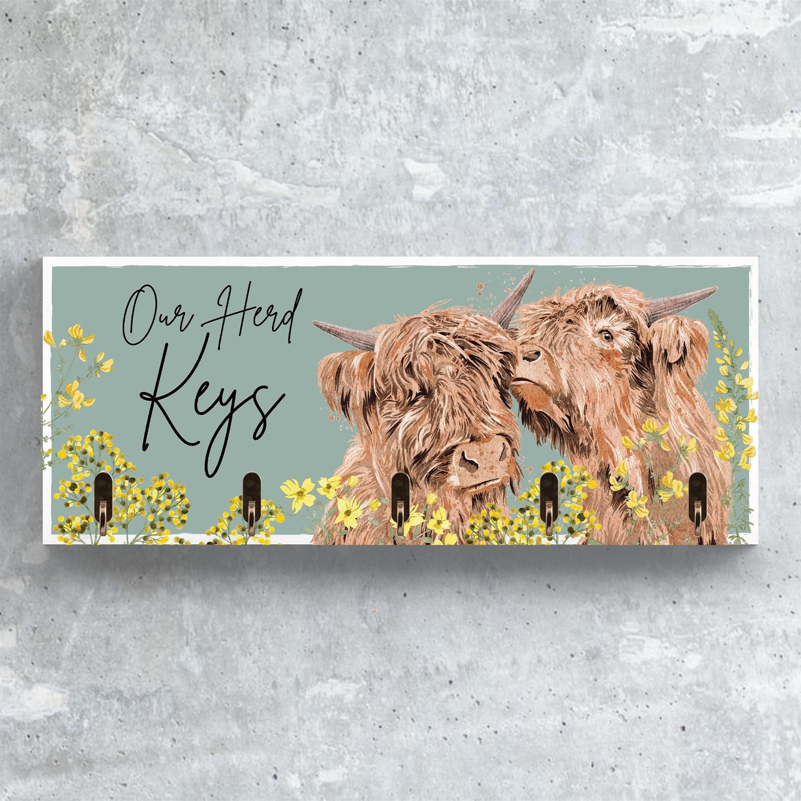 Pair of Highland Cows Watercolour Highland Cow Decorative Wooden Key Rack