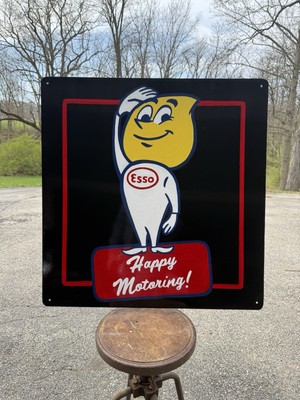 Vintage porcelain style  gas and oil sign Esso Salute happy motoring 32''x33''