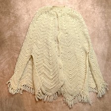 Vintage 70s Handmade Crochet Knit Poncho Shawl Sweater Cape Cardigan Cream Boho