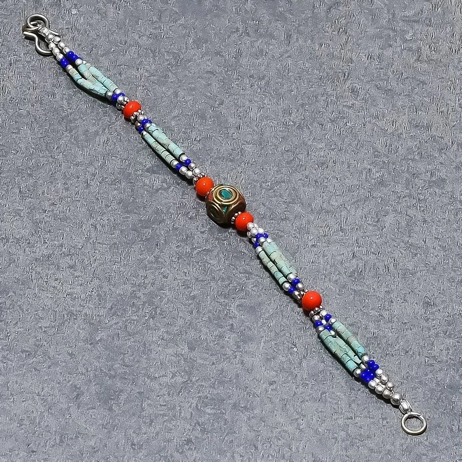 Collier Artisanal Népalais Pierres Naturelles : Lapis-lazuli, Corail, Turquoise - Longueur 18 Pouces
