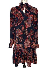 Loft Long Sleeve Front Colllar Tie Paisley Dress Size Small