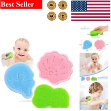3 Soft Baby Bath Sponges - Blue Dolphin, Pink Shell, Green Turtle Fun Shapes