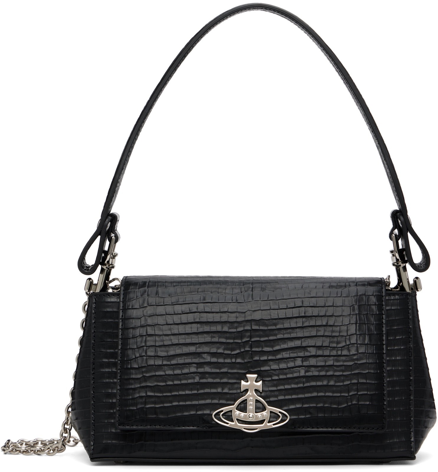 Borsa a mano media Vivienne Westwood nera nocciola pelle croc goffrata