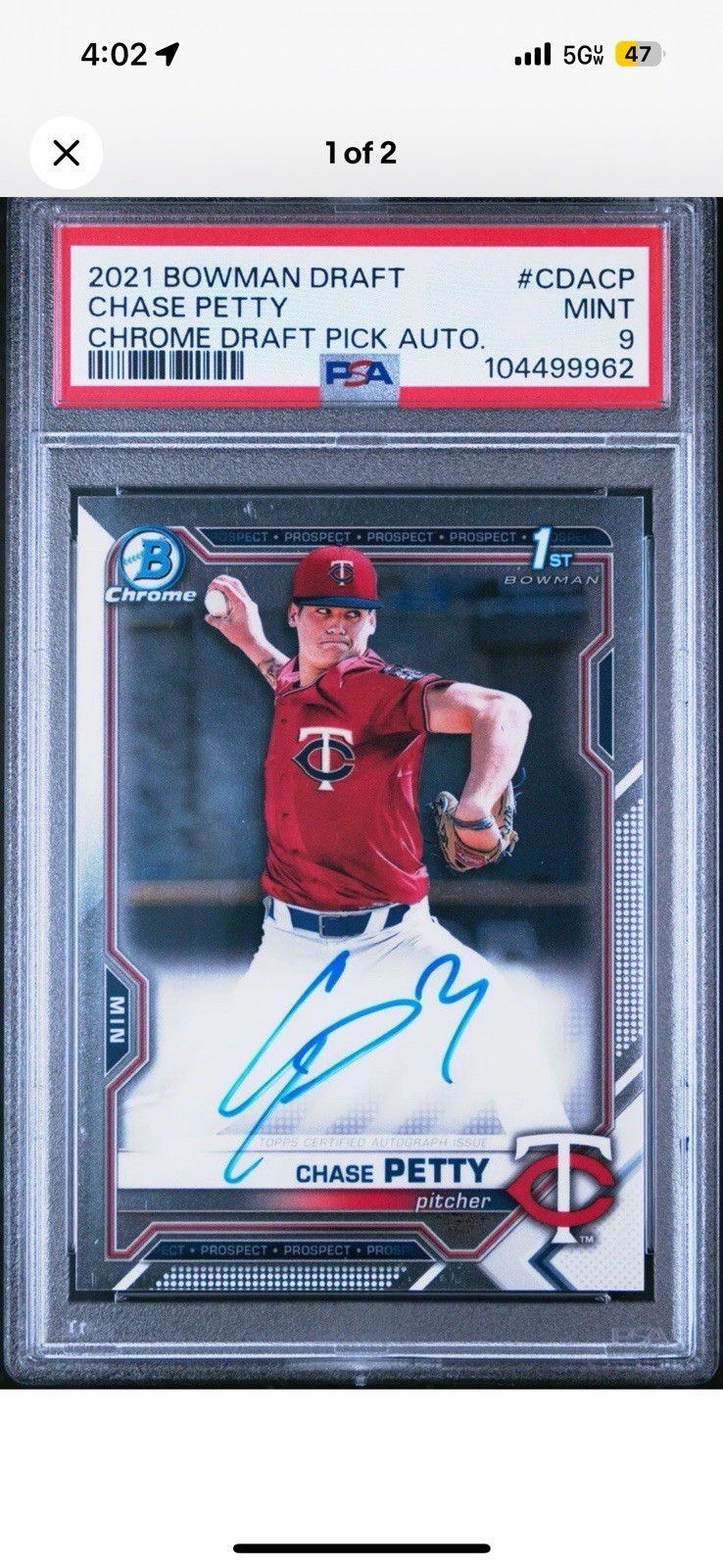 2021 Bowman Draft Chrome Chase Petty Rookie Auto #CDA-CP PSA 9 Mint