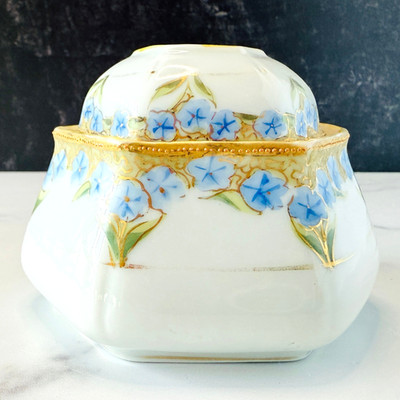   Nippon Rounded Hexagonal Hair Receiver - Hand Painted Blue Pansies