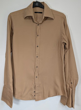 Gucci Herringbone Dress Shirt Mens 39 15.5 Tan Long Sleeve Branded Buttons Italy