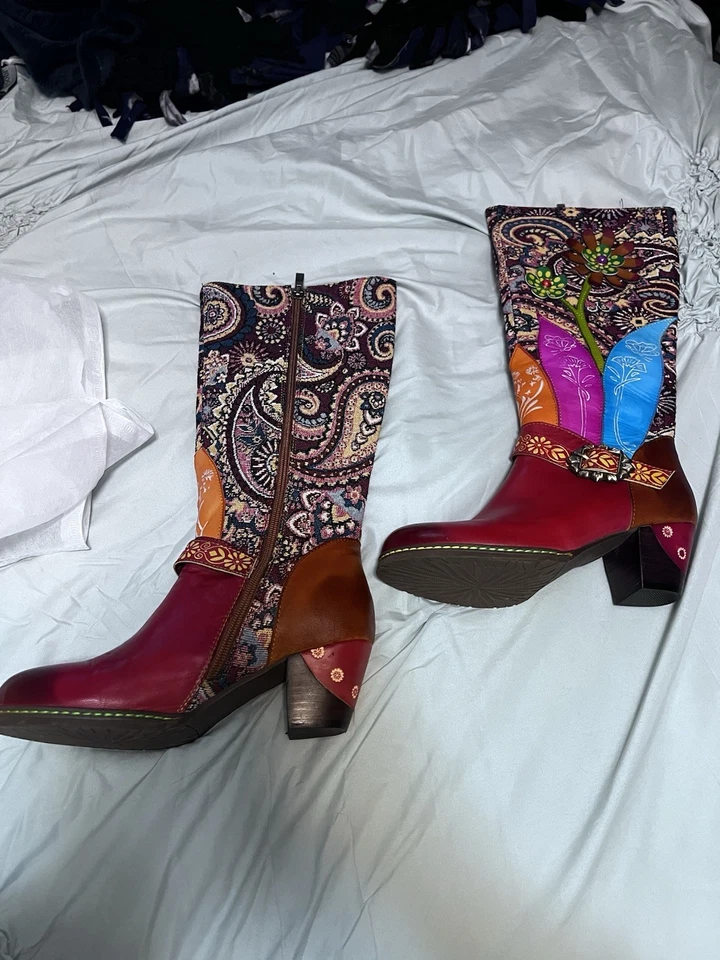 女式红色皮革和织物高筒靴(6.5-7 码) — 第 3/4 张图片