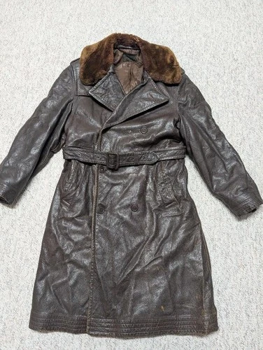 vintage WWI trench coat USN brown leather 40 belted US NAVY mouton barnstromer - product listing photo