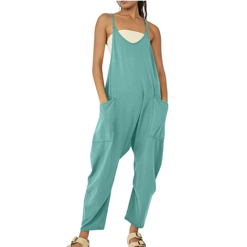 Womens Jumpsuits Loose Casual Rompers Sleeveless Spaghetti Strap Baggy Pockets - Picture 5 of 40