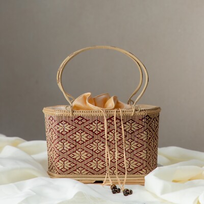 Women Handbag Woven Red and ivory color  Thai Natural Bamboo Rattan Lining