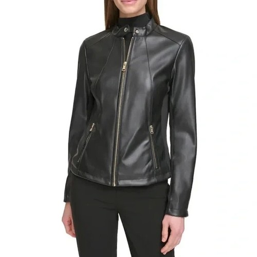 Calvin Klein Damen Full Zip schwarz Moto Kunstleder Jacke Mantel Large Neu mit Etikett - Bild 3 von 6