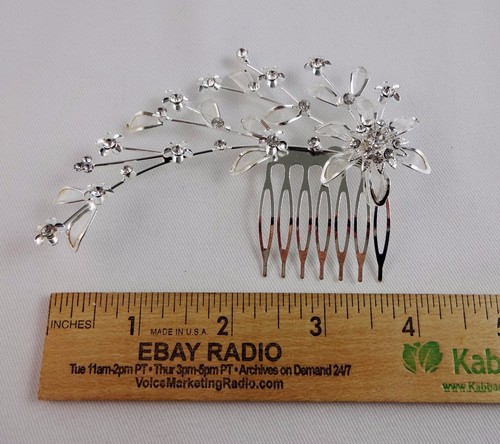 Hair comb silver metal comb flowers clear crystals 4.25 inches bride wedding - Picture 4 of 10