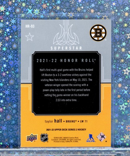 ๐ 2021-22 Upper Deck Super Star Honor Roll Taylor Hall #HR-93 Boston Bruins - Picture 2 of 2