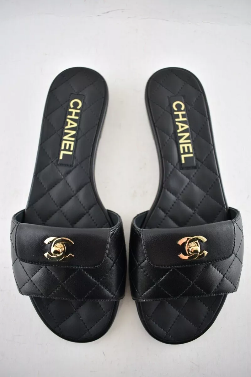 Chanel REV Black Turnlock Quilted Gold CC Logo Mules Slide Sandal Flop Flat  37