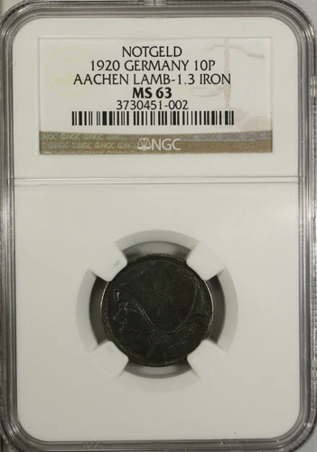 Germany 10 Pfennig 1920 NGC MS 63 UNC Iron City of Aachen Lamb-1.3 