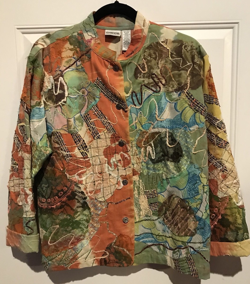 CHICOS sz 2 L Art To Wear Embellished Open Jacket Embroidery