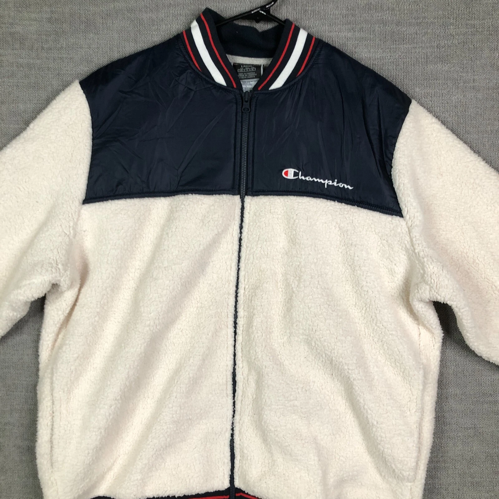 OFF WHITE Giacca sherpa Champion adulto L bianco sporco blu spalle zip intera logo spellout