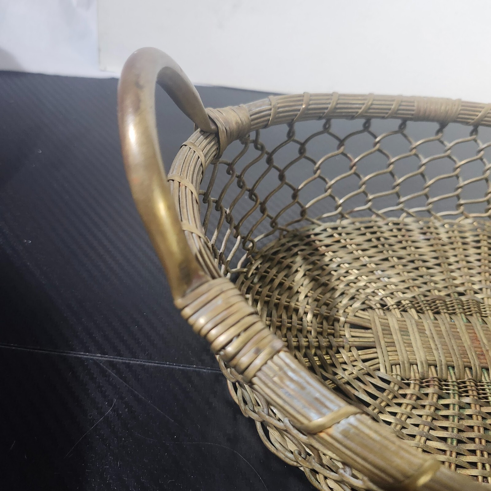Vintage Hand Crafted Woven Wire Brass Basket With Handle image 6