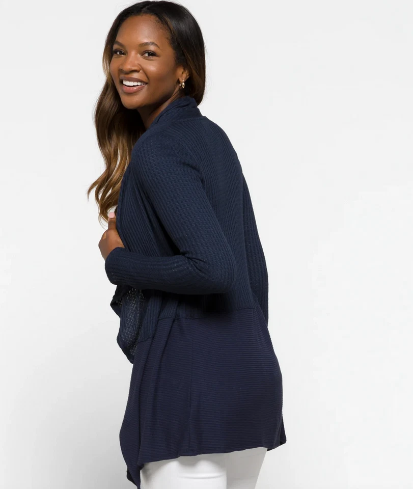 VELVET ~ Sz Small ~ Navy Marble Textured Stitch Fix Thermal Waffle Cardigan a66 - Image 3 of 4