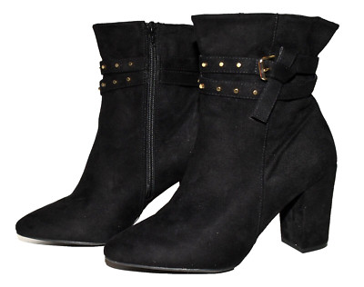JLO Jennifer Lopez Black Faux Suede Studded Strap Heel Bootie Boots Women 9M