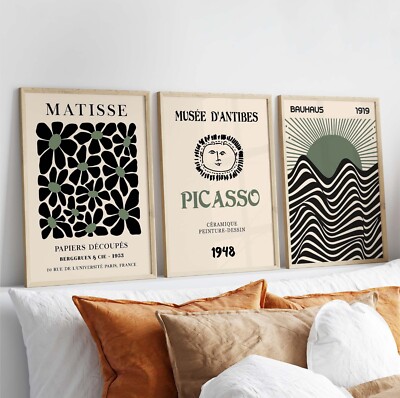 3er Set Ausstellungsplakate Salbeigrün Wandbilder Matisse Picasso Bauhaus Galerie