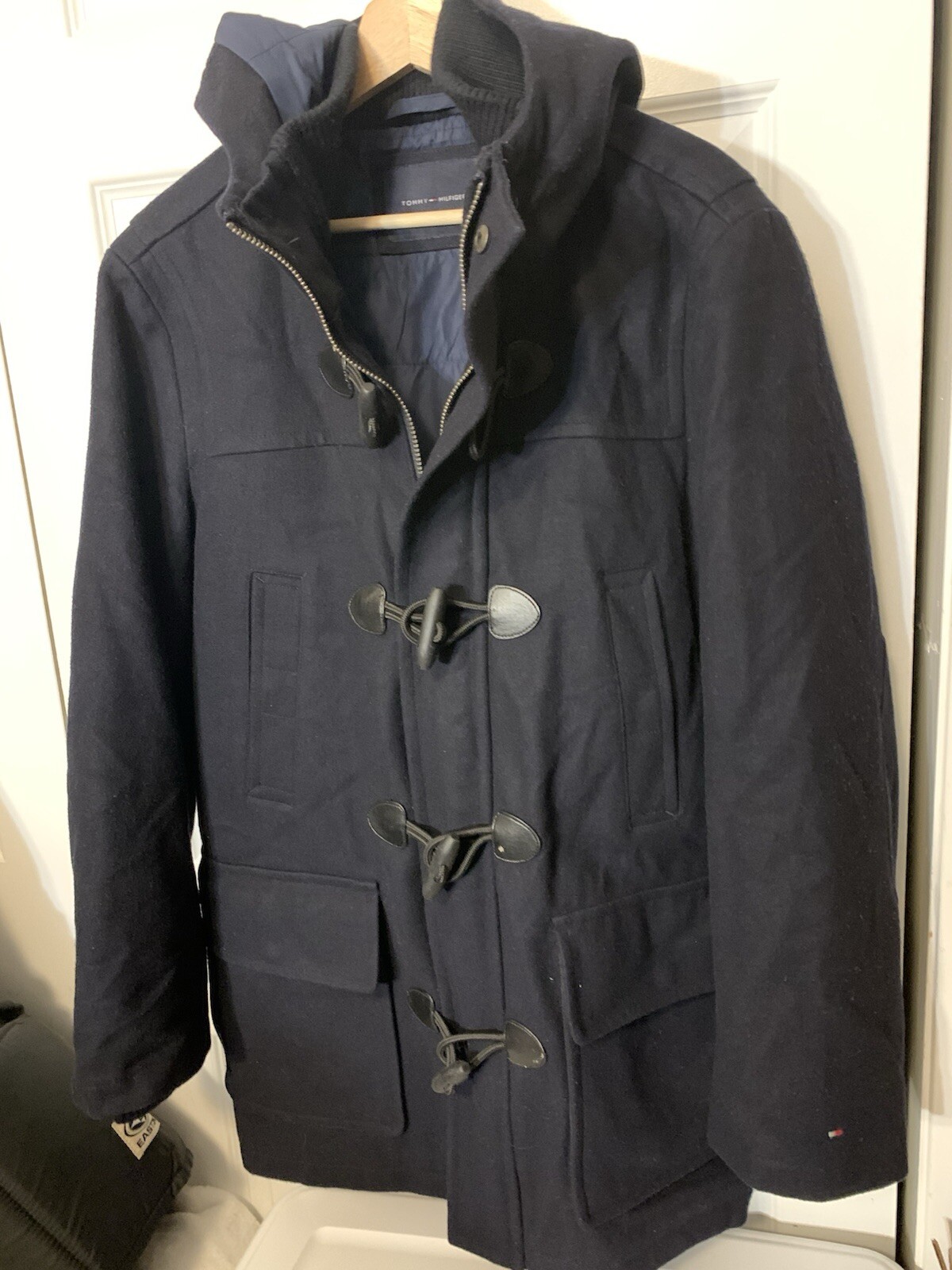 Vintage 90s Tommy Hilfiger Wool Navy Blue Toggle Duffle Coat Hooded Rare Sz S image 9