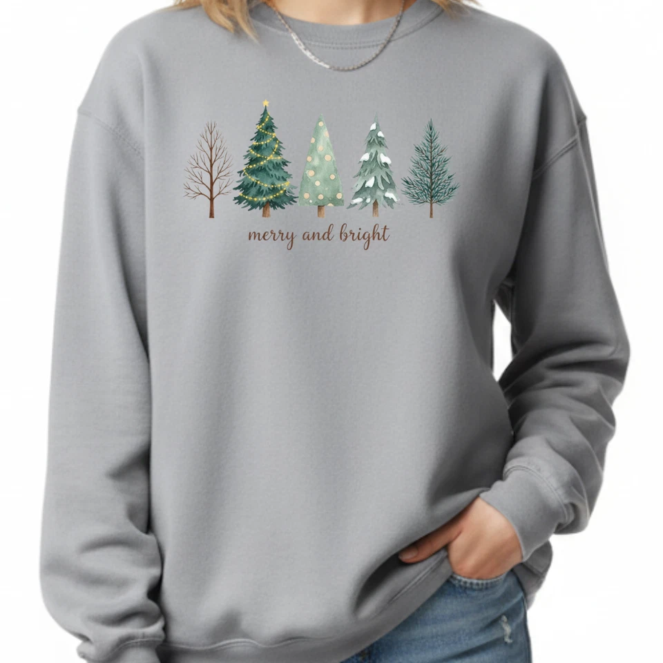Merry and Bright Christmas Tree Shirt Holiday Tee Winter Sweatshirt Gift Women - Image 3 of 4