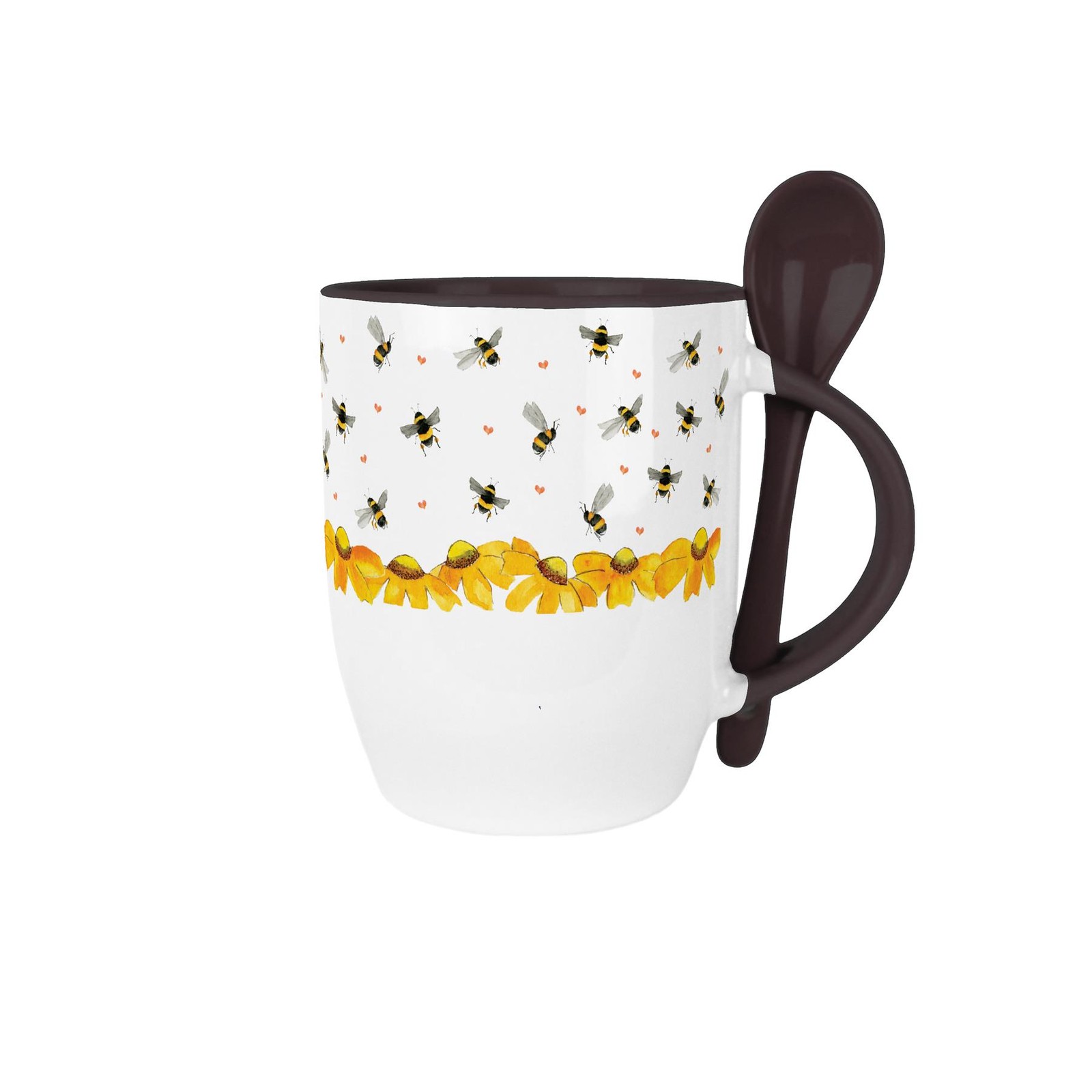 Bumblebees Valentine's Day Mug & Spoon Set - 300ml Black Floral Ceramic Cup Gift