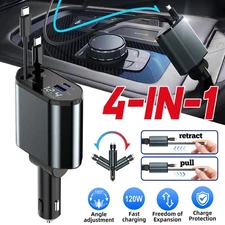4 IN 1 Retractable Car Charger Cable Dual Port USB-C PD Fast Charging Adapter US