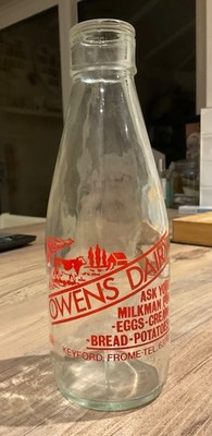 Superb 1970s Red Printed Advertising Milk Bottle Owen Keyford Frome